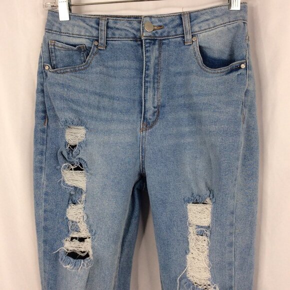Tinseltown Distressed Mom Jeans Juniors 5 Light Wash Frayed Hem High Rise - Picture 4 of 8